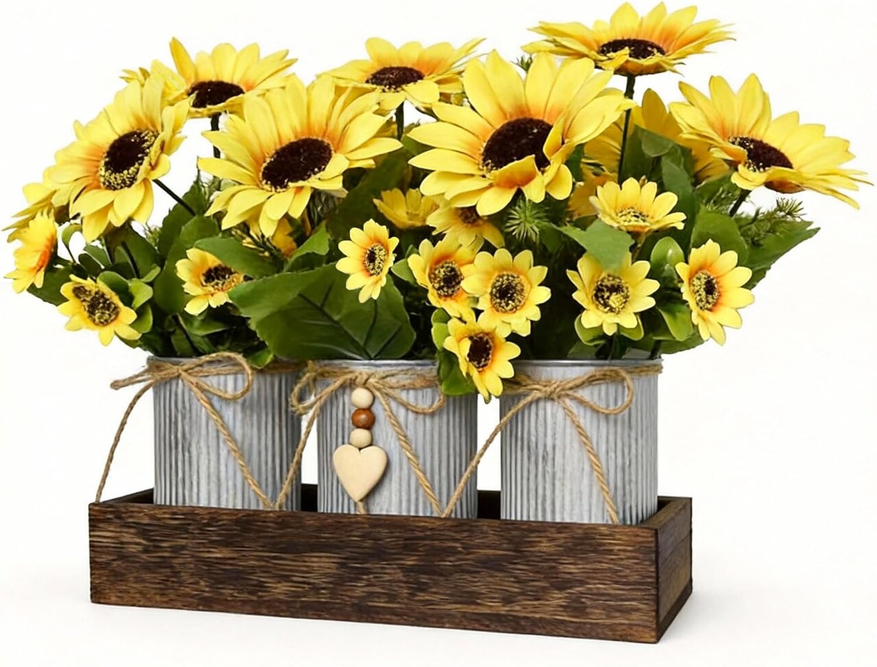 Spring Tabletop Decor – Rustic Artificial Sunflower Centerpiece with 3 Metal Pots on Wooden Tray, Faux Sunflowers for Home, Kitchen, Dining Table & Living Room